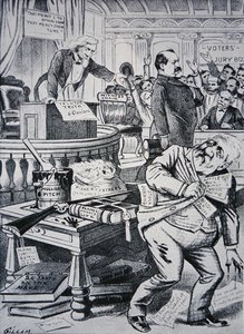 グローバー・クリーブランド（1837-1908）は私生活の真実を語り、対戦相手のジェームズ・ブレイン（1830-93）は腐敗していると描かれている。