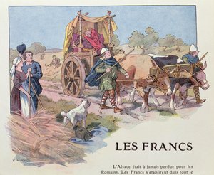 ロワ・フェイナンツ」と呼ばれるメロヴィング朝後期の王の一人の馬車（ハンシ作「アルザス史」より 作： Victor Huen
