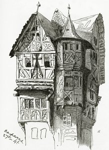 19世紀のライン川のバカラックの家（bw彫刻） 作： Victor Hugo