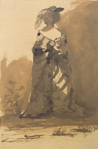 コートと羽毛の帽子をかぶった女性（ペンとインク、紙の上で洗う） 作： Victor Hugo