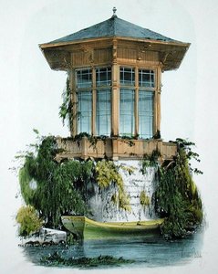 1855年頃に出版された「シャンペトルの住居」より、公園のパビリオン（クロモリトグラフ 作： Victor Jean Baptiste Petit