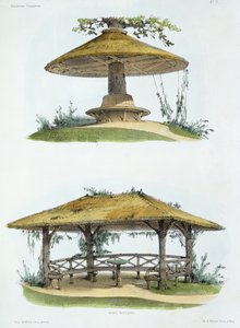 &39;Habitations Champetres&39;の素朴なベンチが1855年頃に出版されました（クロモリソグラフ） 作： Victor Jean Baptiste Petit