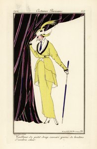 琥珀色のボタンが付いたカナリア イエローのドレスを着た女性。 作： Victor Lhuer
