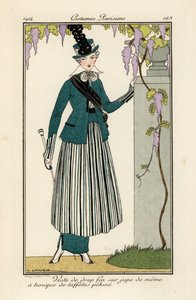 上質なウールのスーツにストライプのピーキン シルク タフタのチュニックを着た女性。 作： Victor Lhuer