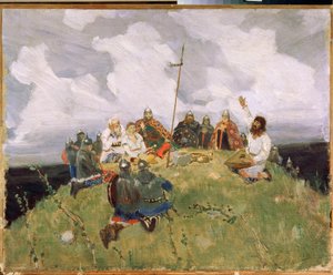 11世紀のBoyan jouant du gousli (gusli, housli, husli) (Boyan play gusli) - ヴィクトル・ミハイロヴィッチ・ヴァスネツォフ作 (1848-1926)、ボール紙に油彩 作： Victor Mikhailovich Vasnetsov