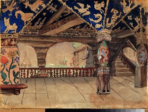 Alexandre Ostrovski (1823-1886) による演劇「La demoiselle des neiges」の準備装飾 (A Ostrovsky による演劇 Snow Maiden の舞台デザイン) 木製のテラス - Viktor Mikhaylovich Vasnetsov (1848-1926) による作品 ) 、オイルオン