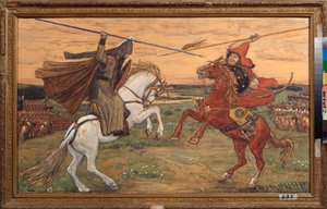 1380年のクリコヴォ平原でのアレクサンドル・ペレスベットとタタール・チェリベイ（またはチェルベイ、テミール・ムルザ）の決闘、ロシア人と黄金の大群の間の戦い（ペレスヴェトとテミール・ムルザの一騎打ち（テミール・ムルザ））クリコヴォで