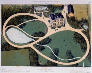 6300 平方メートルの大きなイングリッシュ ガーデン、Parcs et Jardins des environs de Paris (パリ周辺の公園と庭園) からのイラスト、Ca 1850、Victor Petit (1818-1871) 作のリトグラフ、フランス