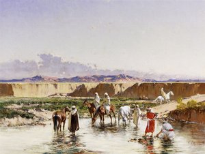 オアシスで水をまくアラブ騎手、 作： Victor Pierre Huguet