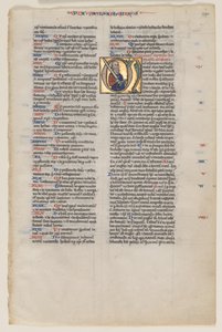 ラテン語聖書のイニシャル付きの葉: イニシャル M: 聖パウロと剣と本 作： Vienna Moralized Bible Workshop