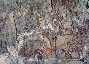荷車を引く動物の詳細、Oseberg 船で見つかったタペストリー (織物) 作： Viking