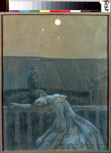 ""The Sorrow"" (悲しみ) 手すりにもたれかかって必死になっている少女。 Viktor (Victor) Elpidiforovich Borisov-Musatov (Borisov Musatov) (1870-1905) (symbolism) による水彩画とパステル画 1903 セルプホフ国立歴史美術館 (セルプホフ)。 作： Viktor Elpidiforovich Borisov Musatov