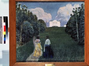 夕日の輝き。 田舎道を歩く二人の女性。 Viktor (Victor) Elpidiforovich Borisov Musatov (Borisov-Musatov) (1870-1905) による絵画。 キャンバスにテンペラ 作： Viktor Elpidiforovich Borisov Musatov