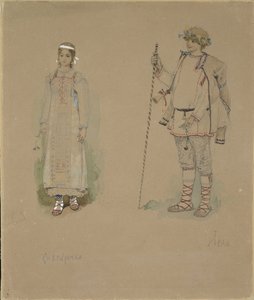 雪の乙女とレル。 N.リムスキーコルサコフ作、1885年のオペラ「雪の乙女」の衣装デザイン