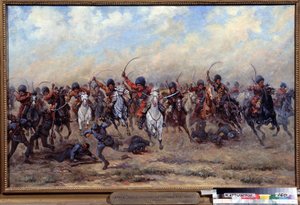 オーストリア歩兵に対する野蛮師団の攻撃。 第一次世界大戦のエピソード (1914-1918): ロシア軍の攻撃、前線での兵士の虐殺、戦争の残虐行為 作： Viktor Viketyevich Masurovsky