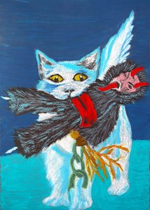 翼のある猫が悪魔を捕まえる 作： 