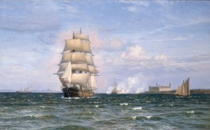 クロンボー城とヘルシンゲルの前にあるデンマークのはしけ 作： Vilhelm Arnesen