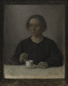 ティーカップを持つ芸術家の妻、イダ・ハンマースホイ 作： Vilhelm Hammershøi
