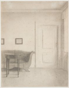 ソファと小さなテーブルのあるインテリア, t.h. ドア 作： Vilhelm Hammershøi