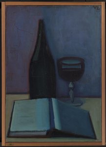 本とグラスとボトルのある静物 作： Vilhelm Lundstrøm