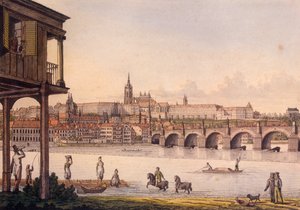1825年のパプーエクの浴場からのリトルクォーターとプラハ城フラドチャニの眺め（カラーエッチング） 作： Vincenc Morstadt