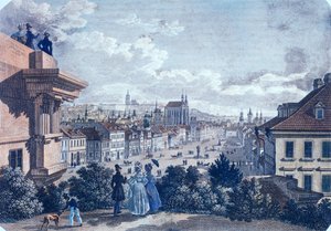 プラハのヴァーツラフ広場の馬市場、1835年（色鋼彫刻） 作： Vincenc and Geissler, F. Morstadt