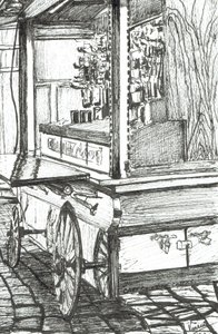 チアーズバーボストンUSA外のカート、2003年（紙にインク） 作： Vincent Alexander Booth