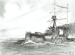 HMS Dreadnought at sea、2017年（紙にインク） 作： Vincent Alexander Booth