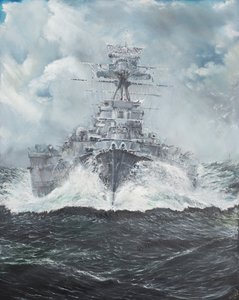 HMSフードは1941年5月23日、ビスマルクに向かいます（2014年5月23日、油彩、キャンバス）。