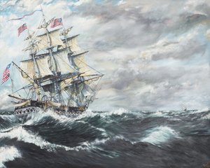 USS憲法はHMフリゲートゲリエール19081812、2003年に向かっています（キャンバス上の油）