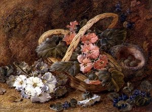 鳥の巣と花のバスケット（水彩画） 作： Vincent Clare