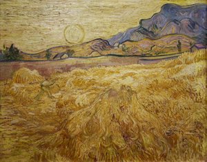 刈り取り機と太陽のある麦畑、1889年。 作： Vincent van Gogh
