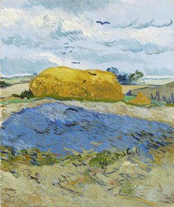 曇り空の下の小麦の山、オーヴェル・シュル・オワーズ、1889年。 作： Vincent van Gogh