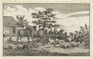 座っている女性と羊飼いと子供たち、羊と 2 頭の馬 作： Vincent Jansz. van der Vinne