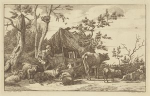 老朽化した納屋の前で牛と一緒に座っている羊飼い 作： Vincent Jansz. van der Vinne