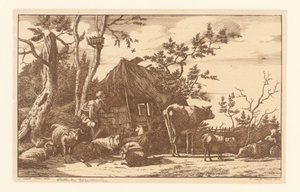 老朽化した納屋の前で牛と一緒に座っている羊飼い 作： Vincent Jansz. van der Vinne