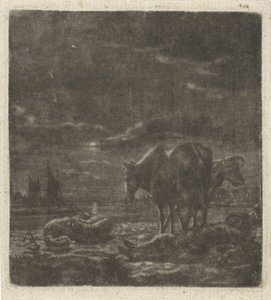 眠っている羊飼いと牛の夜の風景 作： Vincent Laurensz. van der Vinne (II)