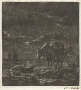 眠っている羊飼いと牛の夜の風景 作： Vincent Laurensz. van der Vinne (II)