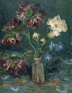 牡丹と青いデルフィニウムの入った瓶 (bouteille avec pivoine et delphinium bleu) par Gogh, Vincent, van (1853-1890).厚紙に油彩、サイズ：34,5x27 作： Vincent van Gogh