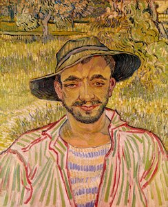 麦わら帽子をかぶった農民の顔の胸像 フィンセント・ファン・ゴッホ（1853-1890）による絵画 1889年 薄暗い。61x50cmローマ国立近代美術館（Galleria Nazinale d