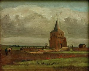 耕作農家がいるヌエネンの古い墓地の塔 作： Vincent van Gogh