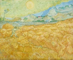 収穫、刈り取り機付きのトウモロコシ畑（la moisson）。 1889 作： Vincent van Gogh