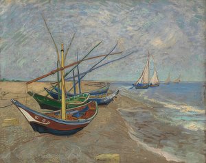 レサントマリードラメールのビーチで漁船。アルル、1888年6月 作： Vincent van Gogh