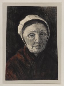 1882-83年のスケベニンガーキャップを被ったおばあさんの頭（木炭、紙に黒と茶色のチョーク）