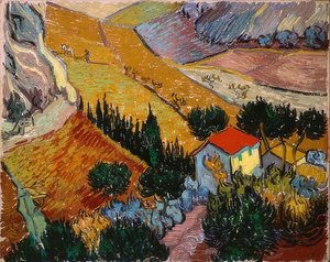 家と分げつのある風景。 1889 作： Vincent van Gogh
