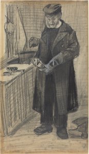 男のブーツを磨く、1882年（黒いチョークと灰色のウォッシュ、白い紙の上に白く浮き上がっている） 作： Vincent van Gogh