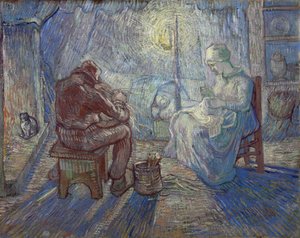 "Night" (夜) 室内の農民家族 - フィンセント・ファン・ゴッホ (1853-1890) によるミレーの後の絵画 作： Vincent van Gogh