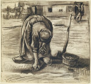 ジャガイモを植える農婦 1885年頃（紙に黒チョーク、木炭） 作： Vincent van Gogh