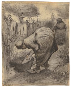 庭の洗面台を持つ農民。 1885年に庭に池を持つ農民の女性 作： Vincent van Gogh