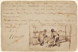 1885年の2人の農民の掘り込みの絵葉書（はがきにペンと茶色のインク）